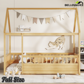 Bellemave® Full Size Solid Wood House Bed with High Fence for Kids,Full Floor Bed Frame, Kids Montessori Bed Full Size,White