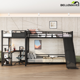 Bellemave® L-Shaped Triple Bunk Bed with Slide - Full over Queen & Twin XL Loft, Built-in Desk, Shelves | Space-Saving Metal Frame, Quiet Study Design, Black