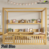 Bellemave® Full Size Canopy Bed with Guardrails and Support Slats, Solid Wood Canopy Floor Bed with Storage Shelves, Canopy Beds Frame for Kids, Teens, Adults, No Box Spring Needed, Nature Bellemave®