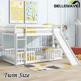 Bellemave® Twin Size Solid Pine Wood Floor Bunk Bed with Slide and Ladder, Door and Safety Guardrails - Bellemave