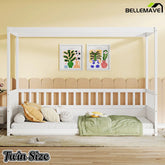 Bellemave® Twin Size Canopy Bed Frame with 4 Posters and Guardrails, Twin Size Montessori Floor Bed with High Fence Bellemave®
