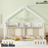 Bellemave® Double House Bed Twin Size Floor Bed with Fence Railings, Wooden Montessori Style Bed Frame for 2 Kids, Two Shared Beds with Shelves , White