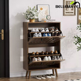 Bellemave® Shoe Cabinet Storage for Entryway with 2 Fluted Flip Drawers, Mid Century Modern Hidden Slim Shoe Organizer Rack Cabinet, Walnut Bellemave®