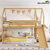 Bellemave® Twin Size Kids Loft Bed with Slide and Bookshelf,Solid Wood House Loft Bed Frame with Convertible Ladder for Kids,Playhouse,Natural