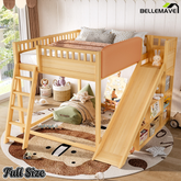 Bellemave® Full Size Kids Loft Bed with Slide and Storage Shelves for Kids,Solid Wood Loft Bed Frame with Inclined Ladder and Upholstered Headboard,Natural