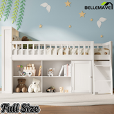 Bellemave® Wooden Low Loft Bed with Storage Shelves, Cabinet, LED Headboard & Ladder Bellemave®