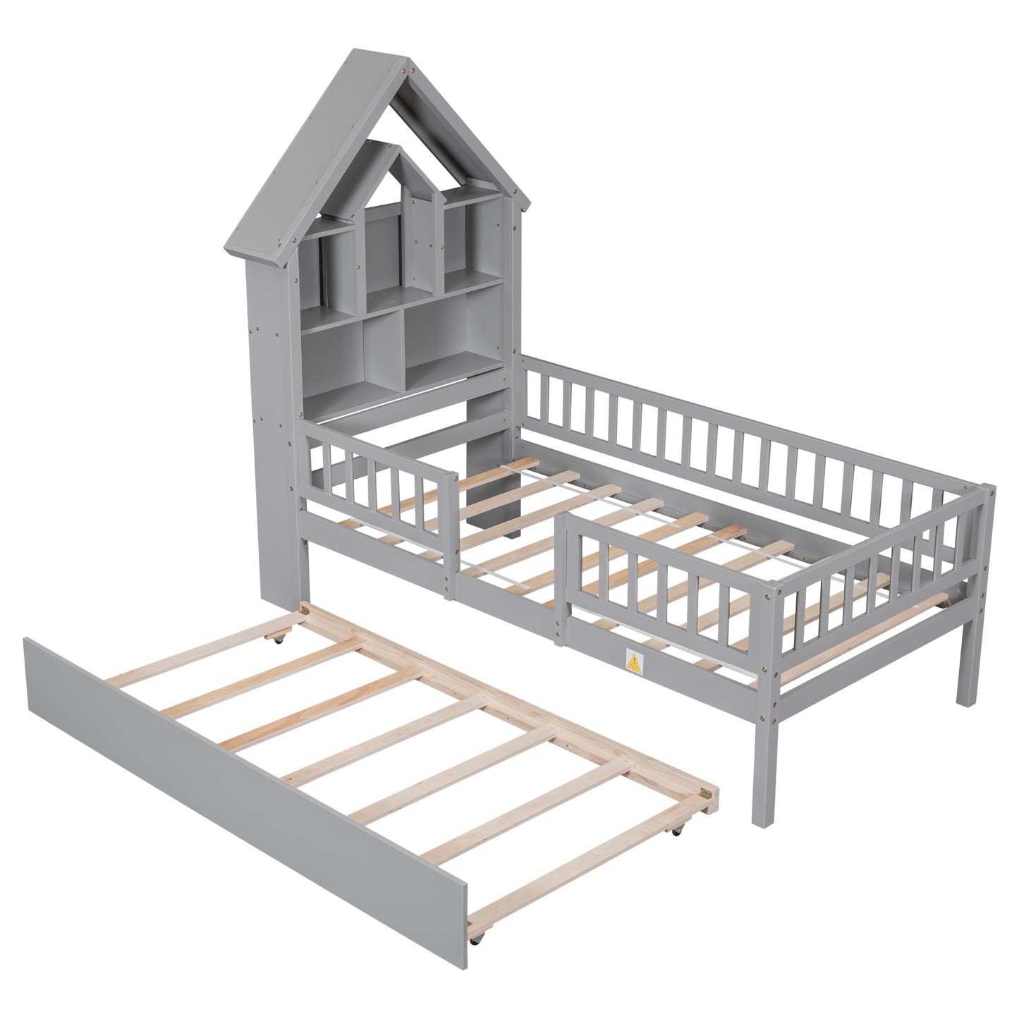 Bellemave Twin Size House-Shaped Headboard Bed with Fence Guardrails and Trundle