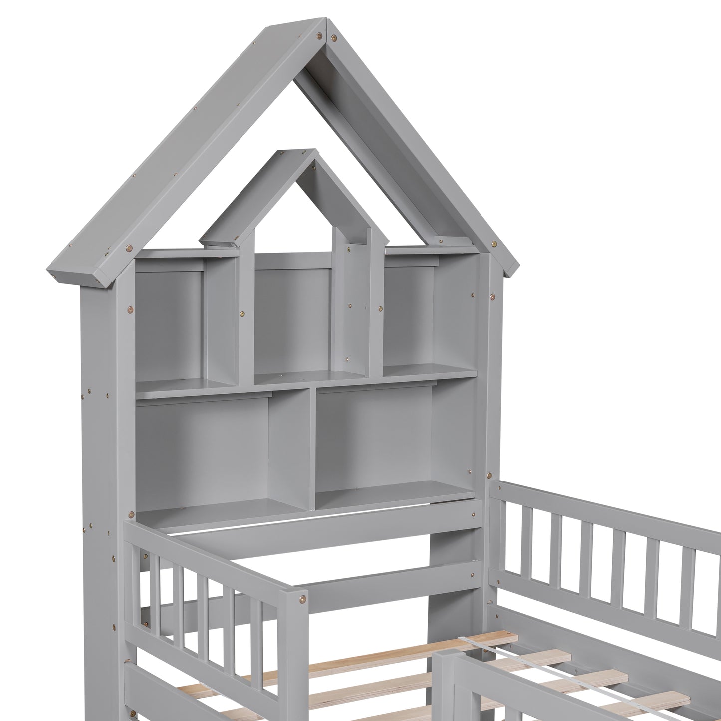 Bellemave Twin Size House-Shaped Headboard Bed with Fence Guardrails and Trundle