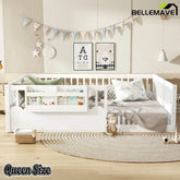 Bellemave® Queen Size Floor Bed for Kids with Heightened Safety Fence & Bookshelf, Low Profile Wood Platform Bed Frame with Storage, White Bellemave®