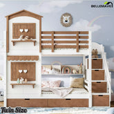 Twin size wooden playhouse bunk bed with heart-shaped windows