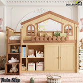 Twin natural deep natural house loft bed with storage cabinet in room setting
