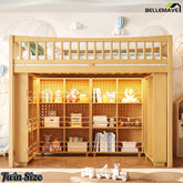 Natural wood Twin loft bed front view with open storage shelves and LED lighting