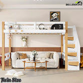 twin size loft bed with storage shelves and clothes hook