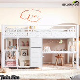 white twin loft bed with desk bookshelf and storage