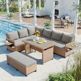 Bellemave® 5 - Piece Outdoor Patio Rattan Sofa Set with 2 Extendable Side Tables, Dining Table and Washable Covers - Bellemave