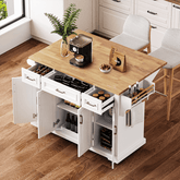 Bellemave® 54" Large Kitchen Island on 4 Wheels with Rubber Wood Drop Leaf, 4 Doors and 3 Drawers - Bellemave