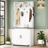 Bellemave® 76.9" Farmhouse 4 - in - 1 Hall Tree with Barn Doors and Shoe Storage Cabinet, 7 Hanging Hooks and 6 Brake Wheels - Bellemave