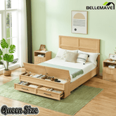 Bellemave® Bed Frame with 3D Geometric Headboard, 4 Storage Drawers & Bench – Modern Oak Bedroom Furniture - Bellemave