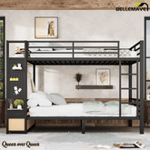Bellemave® Bunk Bed Queen Over Queen,Metal Bunk Bed with Shelf and Guardrails,Queen Bunk beds with Storage Drawers and Clothes Hooks for Kids, Teens & Adults(Black) - Bellemave