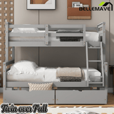 Bellemave® Bunk Bed Twin Over Full, Twin Over Full Bunk Beds with Storage Drawers, Wood Bunk Bed Frame with Guardrail and Ladder for Kids Boys Girls Teens, Can be Convertible to 2 Beds, Grey - Bellemave