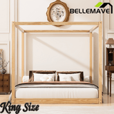Bellemave® Canopy Bed, Wood Platform Floor Bed with Slat Support, 4 Posters Bed Frame for Kids, Teens & Adults - Bellemave