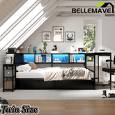 Bellemave® Corner Bed Frame with Desk & Storage, Captains Bed with Charging Station & LED Light, Wood Daybeds with L - Shaped Bookcase & 2 Drawers - Bellemave