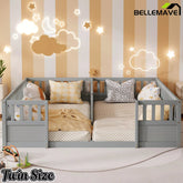 Bellemave® Double Twin Floor Bed with Guardrails, Pine Wood Kids Floor Bed with Open Entrance, Semi-Enclosed Montessori Bed Frame - Bellemave