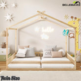 Natural wood twin floor bed with house frame design