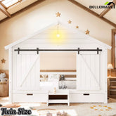 Bellemave® Farmhouse House Bed with Sliding Barn Door, Storage Drawers & Staircase, Wooden Kids House Bed Frame with Light - Bellemave