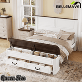 Bellemave® Farmhouse Queen Bed with 3D Geometric Headboard & Storage Bench, Rustic Wood Queen Platform Bed with Storage Chest & 2 Large Drawers - Bellemave