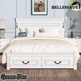 Bellemave® Farmhouse Solid Wood Platform Bed with 2 Storage Drawers,Tall Headboard,LED Lights & USB Charging Station - Bellemave