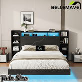 Bellemave® Floating Bed Frame with LED Lights, Storage Headboard & Charing Station, Metal Platform Bed, No Box Spring Need - Bellemave