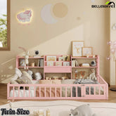 Bellemave® Floor Bed Frame with Bookcase and 3-Tier Storage Shelves, Montessori Style Kids Bed with Safety Fence - Bellemave