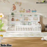 White Twin size Montessori floor bed with bookshelf and white bedding
