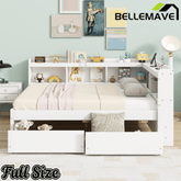 Bellemave® Full Corner Bed Frame with Storage Drawers & Bookcase, Wood Daybed with Charging Station for Kids, Teens & Adults - Bellemave