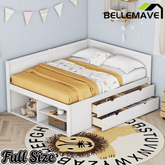 Bellemave® Full Corner Bed Frame with Storage Shelves & Drawers,Wooden Floor Platform Bed Frame with L Shape Heaboard, White - Bellemave
