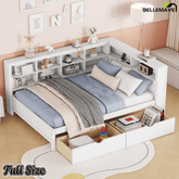 Bellemave® Full Corner Bed Frame, Wood Full Size Daybed with L - Shaped Bookcase & USB Ports - Choose Twin Trundle or 2 Drawers, White - Bellemave