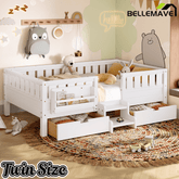 Bellemave® Full Floor Bed Frame with Built - in Bookshelves and Storage Drawers,Full Size Wood Montessori Bed with Staircase Design and Rails, White - Bellemave