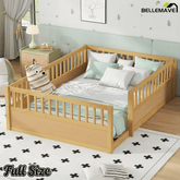 Bellemave® Full Floor Bed with high Rails for Kids, Girls, Boys, Wood Montessori Floor Bed Without Door, Natural - Bellemave