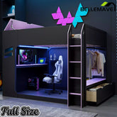 Bellemave® Full Gaming Loft Bed with Desk, Storage Drawers & LED Lights RGB, Wood Gaming Loft Bed with Storage Shelves & Ladder for Teens, Adults - Bellemave
