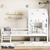 Bellemave® Full House Bed with Blackboard Window, Wood Kids Platform Bed Frame with Low - profile Stairs & Cute House Roof for Kids - Bellemave