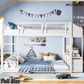 White full over full bunk bed with upper guardrails, ladder and lower sleeping area in a bedroom