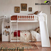 Bellemave® Full over Full Size Bunk Bed with Slide & Storage Stairs for Kids | Solid Wood Low Bunk with Safety Guardrails, No Box Spring, White - Bellemave
