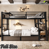 Bellemave® Full Size Bunk Bed with Storage Drawers & 3 - Tier Shelves, Heavy Duty Metal Bunk Beds with Charging Station & Light, Black - Bellemave