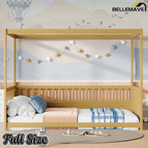 Bellemave® Full Size Canopy Bed Frame with 4 Posters and Guardrails, Full Size Montessori Floor Bed with High Fence, Natural - Bellemave