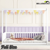 Bellemave® Full Size Canopy Frame Rubber Wood Floor Bed with Fence,Guardrails,Grey - Bellemave