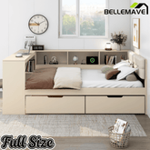 Bellemave® Full Size Corner Bed Frame with Storage Drawers and Desk,Captain Daybed with L - Shaped Bookcase,Corner Bed Frame Full Size with Charging Station for Kids,Teens,Guests,Cream - Bellemave