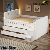 Bellemave® Full Size Daybed with LED Board, Storage Drawers, Footboard, Safety Rails & Stairs for Kids and Teens - Bellemave