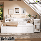 Bellemave® Full Size Daybed With Trundle,Wood Daybed Frame with Storage Drawers,Side Shelves and Desk,White - Bellemave
