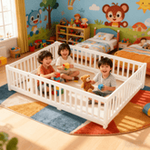 Bellemave® Full Size Floor Bed with Safety Guardrails and Door for Kids, Natural - Bellemave